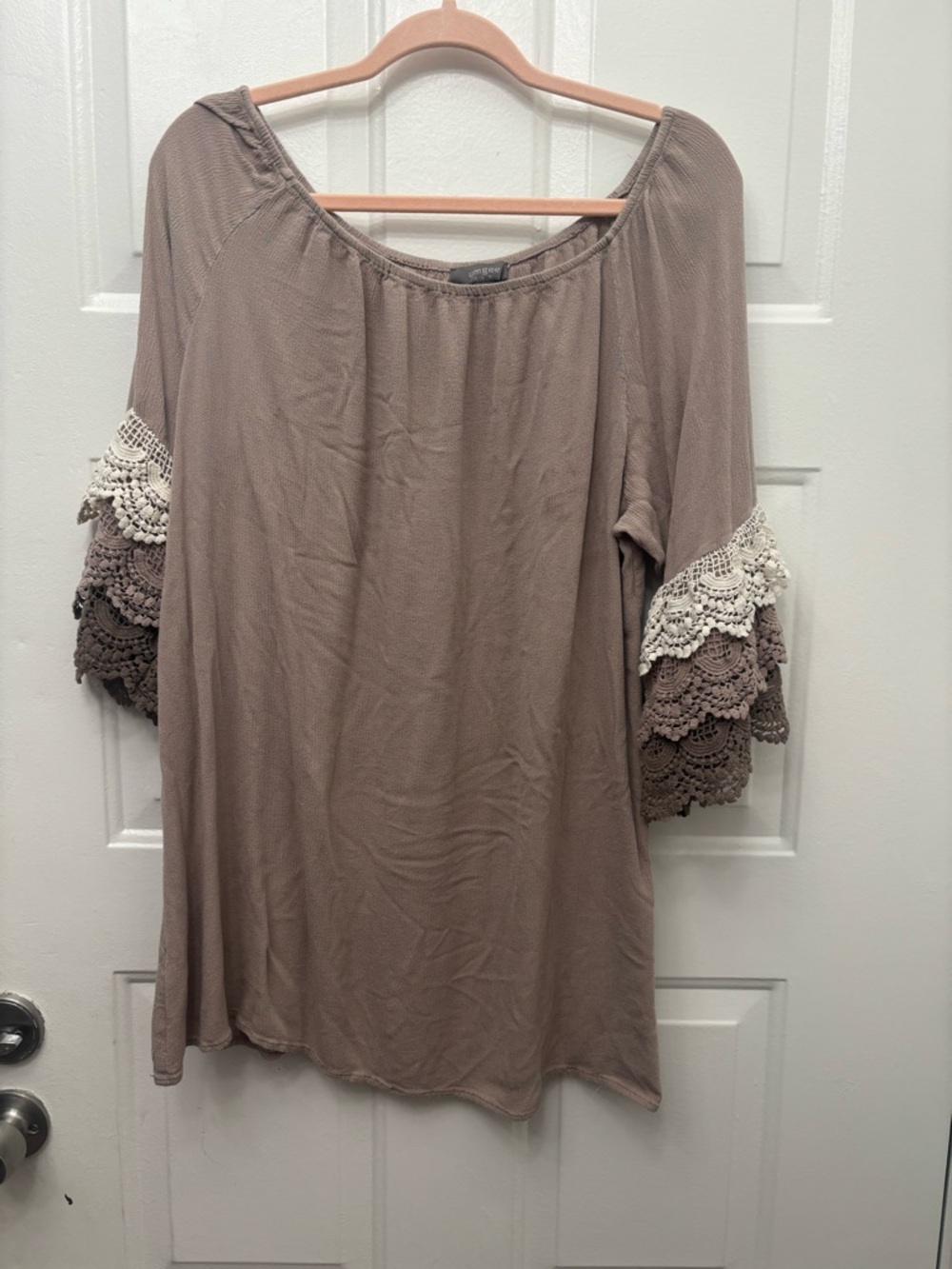 Umgee Taupe Tunic with Layered Crochet Bell Sleeves
